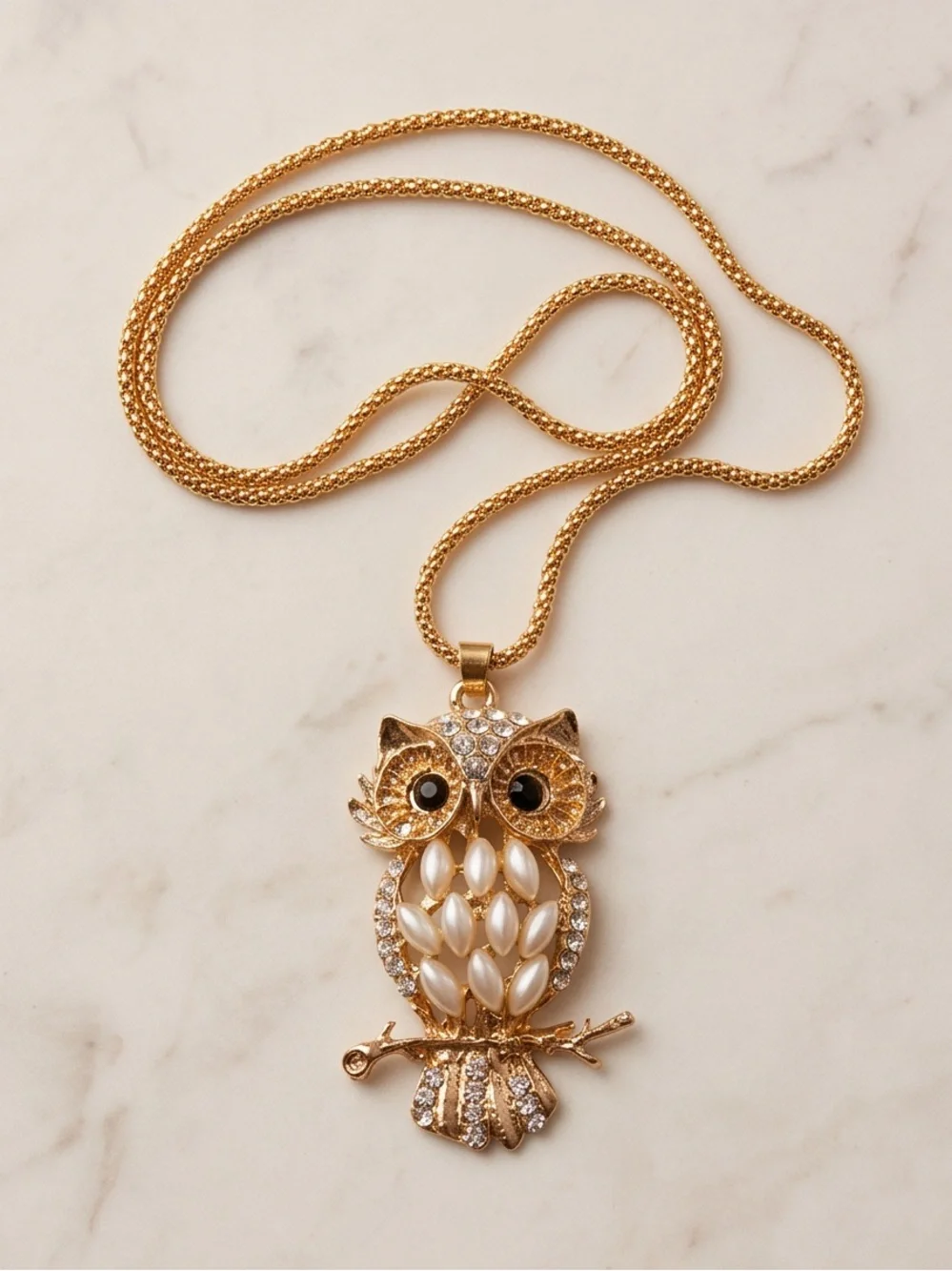 Gold-Tone Owl Pendant Necklace with Faux Pearls and Rhinestones NEW